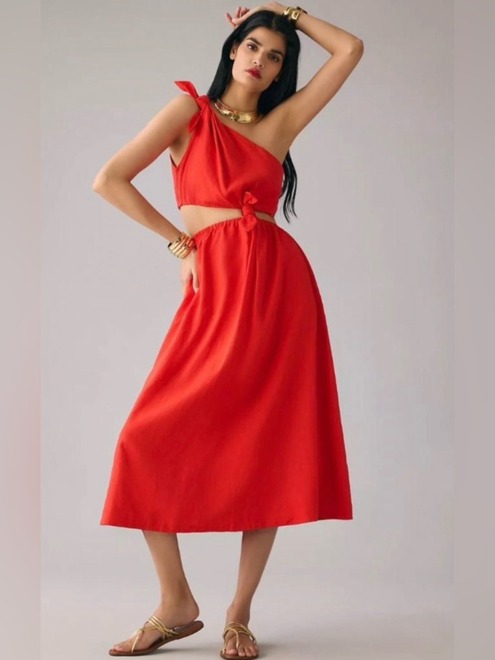NWT FARM Rio Red One-Shoulder Cutout Midi Dress with Knot Detail - Retails $210
